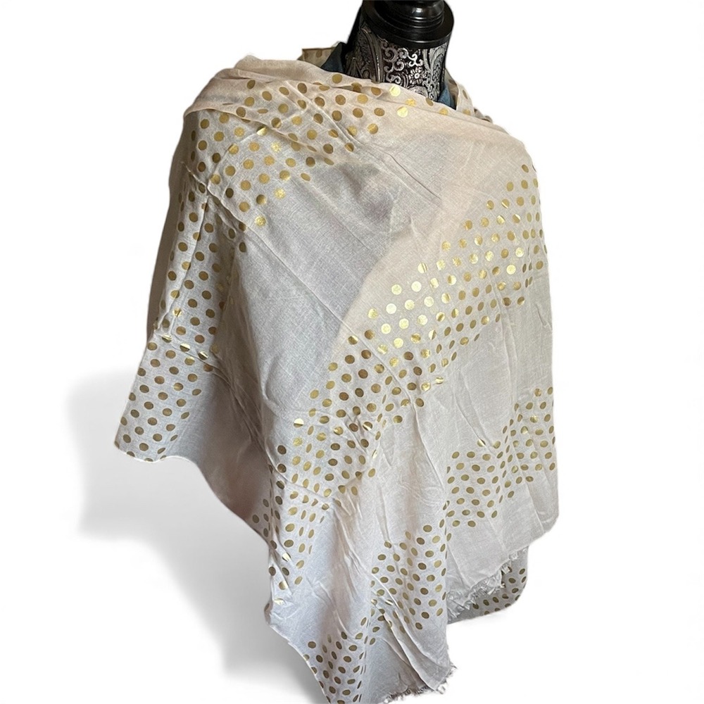 Pure DKNY Gold Polka Dot Scarf Wrap Sheer Lightweight Fringe Tan‎ NEW